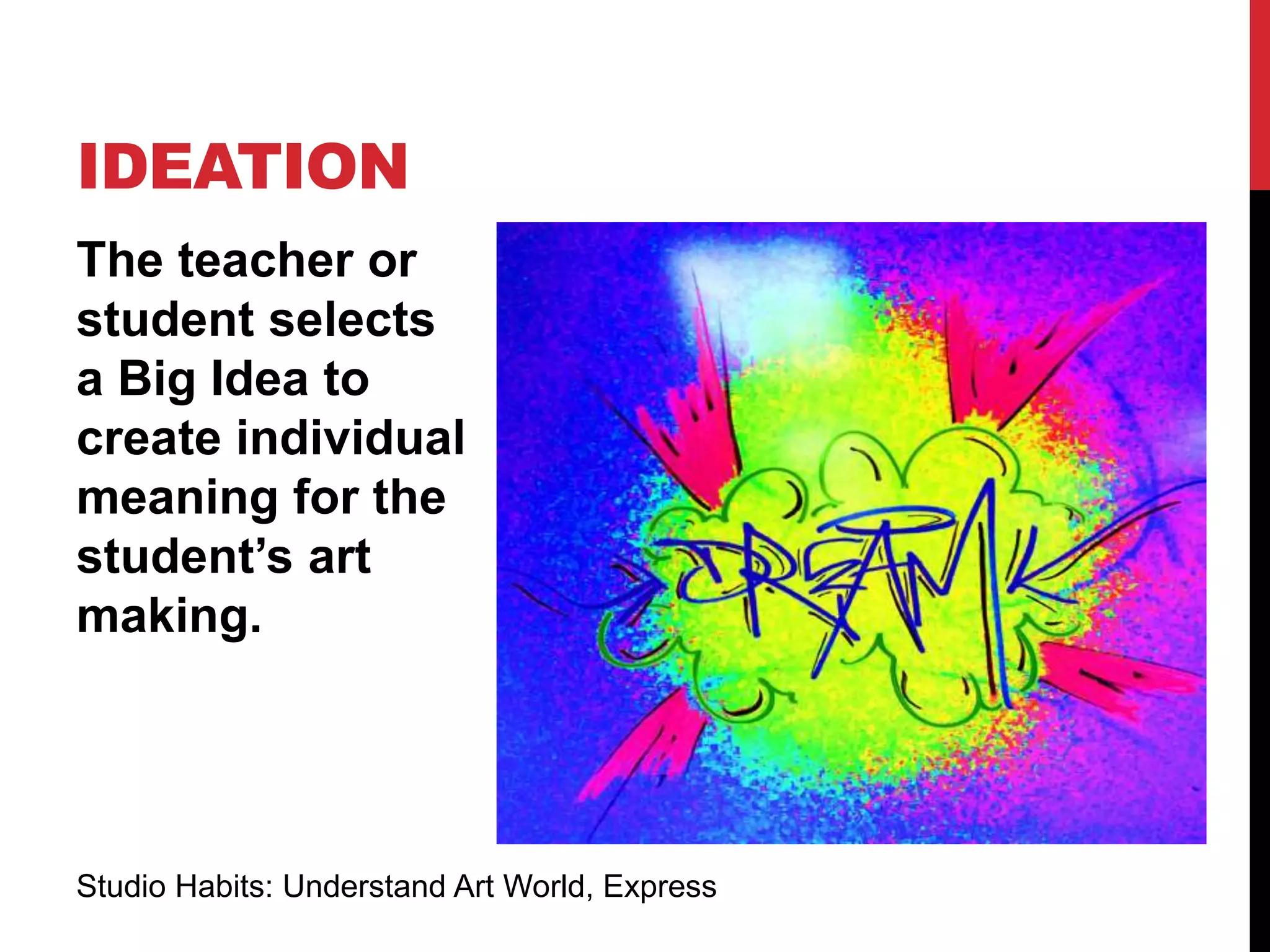 The teacher or
student selects
a Big Idea to
create individual
meaning for the
student’s art
making.
IDEATION
Studio Habits: Understand Art World, Express
 