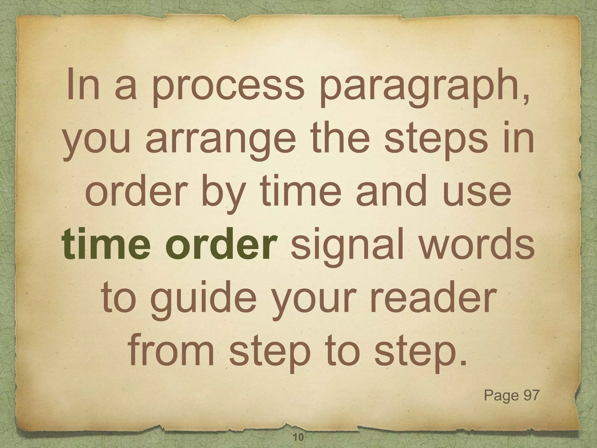In a process paragraph,
you arrange the steps in
order by time and use
time order signal words
to guide your reader
from step to step.
Page 97
10
