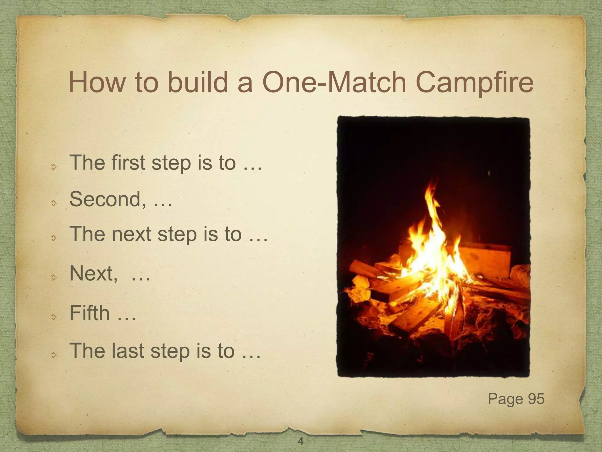 How to build a One-Match Campfire
The first step is to …
Second, …
Next, …
The next step is to …
Fifth …
The last step is to …
Page 95
4
