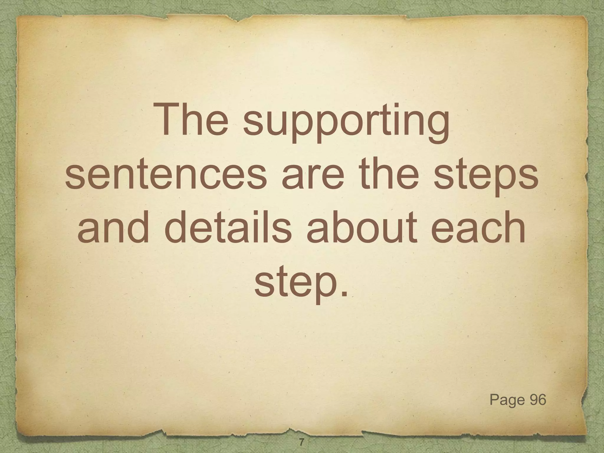 The supporting
sentences are the steps
and details about each
step.
Page 96
7