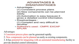 Advantages
1 Consistent process plans can be generated rapidly.
2. New components can be planned as easily as existing components.
3. It has potential for integrating with an automated manufacturing facility to
provide detailed control information.
 