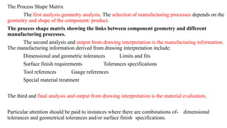 The Process Shape Matrix
The first analysis geometry analysis. The selection of manufacturing processes depends on the
geometry and shape of the component/ product.
The process shape matrix showing the links between component geometry and different
manufacturing processes.
The second analysis and output from drawing interpretation is the manufacturing information.
The manufacturing information derived from drawing interpretation include:
Dimensional and geometric tolerances Limits and fits
Surface finish requirements Tolerances specifications
Tool references Gauge references
Special material treatment
The third and final analysis and output from drawing interpretation is the material evaluation.
Particular attention should be paid to instances where there are combinations of- dimensional
tolerances and geometrical tolerances and/or surface finish specifications.
 