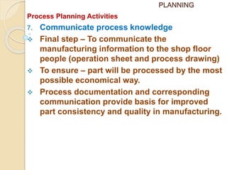 PLANNING
Process Planning Activities
7. Communicate process knowledge
 Final step – To communicate the
manufacturing information to the shop floor
people (operation sheet and process drawing)
 To ensure – part will be processed by the most
possible economical way.
 Process documentation and corresponding
communication provide basis for improved
part consistency and quality in manufacturing.
 