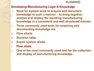 PLANNING
Developing Manufacturing Logic & Knowledge
 Need for system tools to acquire and document
knowledge in such a manner – to bring together,
analyze and display the resulting manufacturing
knowledge in a consistent and well structured manner.
 Three commonly used tools for acquiring and
documenting knowledge are
1. Flow charts
2. Decision table
3. Expert system shells.
i. Flow chats
 One of the most commonly used tool for the collection
and display of manufacturing knowledge.
 