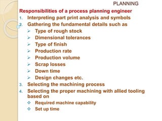 PLANNING
Responsibilities of a process planning engineer
1. Interpreting part print analysis and symbols
2. Gathering the fundamental details such as
 Type of rough stock
 Dimensional tolerances
 Type of finish
 Production rate
 Production volume
 Scrap losses
 Down time
 Design changes etc.
3. Selecting the machining process
4. Selecting the proper machining with allied tooling
based on
 Required machine capability
 Set up time
 