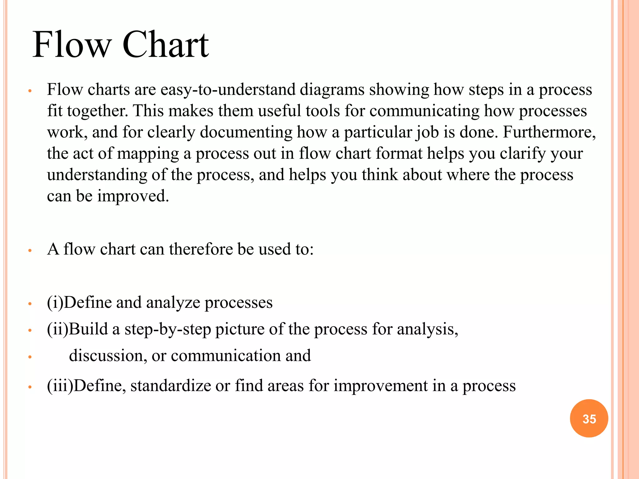 Flow Chart
•   Flow charts are easy-to-understand diagrams showing how steps in a process
    fit together. This makes them useful tools for communicating how processes
    work, and for clearly documenting how a particular job is done. Furthermore,
    the act of mapping a process out in flow chart format helps you clarify your
    understanding of the process, and helps you think about where the process
    can be improved.

•   A flow chart can therefore be used to:

•   (i)Define and analyze processes
•   (ii)Build a step-by-step picture of the process for analysis,
•       discussion, or communication and
•   (iii)Define, standardize or find areas for improvement in a process
                                                                              35
 