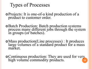 Types of Processes
 Projects:
          It is one-of-a kind production of a
 product to customer order.

 BatchProduction: Batch production systems
 process many different jobs through the system
 in groups (or batches).

 Mass production(Line processes) : It produces
 large volumes of a standard product for a mass
 market.

 Continuousproduction: They are used for very
 high volume commodity products.             18
 