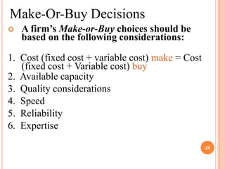 Make-Or-Buy Decisions
   A firm’s Make-or-Buy choices should be
    based on the following considerations:

1. Cost (fixed cost + variable cost) make = Cost
   (fixed cost + Variable cost) buy
2. Available capacity
3. Quality considerations
4. Speed
5. Reliability
6. Expertise

                                                   24
 