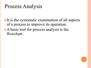 Process Analysis

 Itis the systematic examination of all aspects
  of a process to improve its operation.
 A basic tool for process analysis is the
  flowchart.




                                                   34
 
