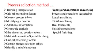 Process selection method …
 Drawing interpretation Process and operations sequencing
Critical processing factors Process and operations sequencing
Consult process tables Rough machining
Identifying a process Finish machining
Additional information Heat treatments
Geometric analysis Finishing operations
Manufacturing considerations Special finishing
Material evaluation Special finishing
Critical processing factors
Consult process selection tables
Identify a suitable process
 