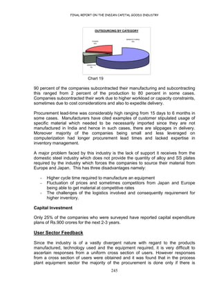 FINAL REPORT ON THE INDIAN CAPITAL GOODS INDUSTRY
245
OUTSOURCING BY CATEGORY
MARKETING
8%
OTHERS
22%
MANUFACTURING
70%
Chart 19
90 percent of the companies subcontracted their manufacturing and subcontracting
this ranged from 2 percent of the production to 80 percent in some cases.
Companies subcontracted their work due to higher workload or capacity constraints,
sometimes due to cost considerations and also to expedite delivery.
Procurement lead-time was considerably high ranging from 15 days to 6 months in
some cases. Manufacturers have cited examples of customer stipulated usage of
specific material which needed to be necessarily imported since they are not
manufactured in India and hence in such cases, there are slippages in delivery.
Moreover majority of the companies being small and less leveraged on
computerization had longer procurement lead times and lacked expertise in
inventory management.
A major problem faced by this industry is the lack of support it receives from the
domestic steel industry which does not provide the quantity of alloy and SS plates
required by the industry which forces the companies to source their material from
Europe and Japan. This has three disadvantages namely:
- Higher cycle time required to manufacture an equipment
- Fluctuation of prices and sometimes competitors from Japan and Europe
being able to get material at competitive rates
- The challenges of the logistics involved and consequently requirement for
higher inventory.
Capital Investment
Only 25% of the companies who were surveyed have reported capital expenditure
plans of Rs.900 crores for the next 2-3 years.
User Sector Feedback
Since the industry is of a vastly divergent nature with regard to the products
manufactured, technology used and the equipment required, it is very difficult to
ascertain responses from a uniform cross section of users. However responses
from a cross section of users were obtained and it was found that in the process
plant equipment sector the majority of the procurement is done only if there is
 