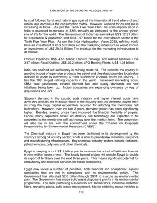 FINAL REPORT ON THE INDIAN CAPITAL GOODS INDUSTRY
250
by coal followed by oil and natural gas against the international trend where oil and
natural gas dominates the consumption matrix. However, demand for oil and gas is
increasing in India. As per the Tenth Five Year Plan, the consumption of oil in
India is expected to increase at 3.6% annually as compared to the annual growth
rate of 2% for the world. The Government of India has earmarked US$ 12.91 billion
for exploration & production and US$ 7.97 billion for the downstream sector in the
Tenth Five Year Plan. As per the India Hydrocarbon Vision 2025, refining would
have an investment of US$ 50 Billion and the marketing infrastructure would involve
an investment of US$ 29.34 Billion The breakup for the marketing infrastructure is
as follows:
Product Pipelines: US$ 4.56 billion; Product Tankage and related facilities: US$
3.47 billion; Retail Outlets: US$ 20.2 billion; LPG Bottling Plants: US$ 1.08 billion.
India has attained self-sufficiency in refining crude oil. This benefits the country in
avoiding import of expensive products like petrol and diesel and provides local value
addition to crude by converting to more expensive products within the country. It
has the 10th largest refining capacity in the world. Increased marketing focus,
CBM, coal gasification, ethanol blended fuel and quality standards are new
initiatives being taken up. Indian companies are expanding overseas by way of
acquisitions and JVs.
Stagnant demand in the caustic soda industry and higher interest costs have
adversely affected the financial health of the industry and this deterred players from
incurring the huge capital expenditure required for adopting the membrane cell
technology. However, over the last 2 years, demand growth has been significantly
higher. Besides, soaring prices have improved the financial flexibility of players.
Hence, many capacities based on mercury cell technology are expected to be
converted to the membrane cell technology over the medium term. The conversion
will also be in line with the commitment under the “Charter on Corporate
Responsibility for Environmental Protection (CREP)”.
The Chemical industry in Egypt has been facilitated in its development by the
country’s strong oil industry sector, which is able to provide raw materials, feedstock
and manufacturing infrastructure. Key chemical industry sectors include fertilizers,
petrochemicals, polymers and other chemicals.
Egypt is carrying out a US$ 1 billion plan to increase the output of fertilizers from six
to nine million tones a year. The locally funded project will enable Egypt to double
its export of fertilizers over the next three years. This means significant potential for
consultancy and technical services for Indian companies.
Egypt now levies a number of penalties, both financial and operational, against
companies that are not in compliance with its environmental policy. The
Government has allocated $2.6 billion through 2007 to execute an environmental
plan. The Government has made solid waste disposal a priority in its environmental
programme. The most promising sub-sectors are: Incinerators, industrial and other
filters, recycling plants, solid waste management, kits for switching motor vehicles to
 