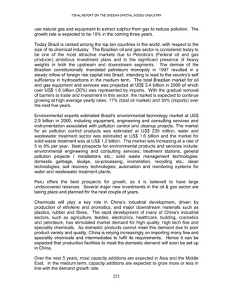FINAL REPORT ON THE INDIAN CAPITAL GOODS INDUSTRY
251
use natural gas and equipment to extract sulphur from gas to reduce pollution. The
growth rate is expected to be 10% in the coming three years.
Today Brazil is ranked among the top ten countries in the world, with respect to the
size of its chemical industry. The Brazilian oil and gas sector is considered today to
be one of the most attractive markets due to Petrobra’s (Federal oil and gas
producer) ambitious investment plans and to the significant presence of heavy
weights in both the upstream and downstream segments. The demise of the
Brazilian constitutionally mandated petroleum monopoly in 1997 resulted in a
steady inflow of foreign risk capital into Brazil, intending to lead to the country’s self
sufficiency in hydrocarbons in the medium term. The total Brazilian market for oil
and gas equipment and services was projected at US$ 5.4 billion in 2000 of which
over US$ 1.6 billion (30%) was represented by imports. With the gradual removal
of barriers to trade and investment in this sector, the market is expected to continue
growing at high average yearly rates: 17% (total oil market) and 30% (imports) over
the next five years.
Environmental experts estimated Brazil’s environmental technology market at US$
2.9 billion in 2000, including equipment, engineering and consulting services and
instrumentation associated with pollution control and cleanup projects. The market
for air pollution control products was estimated at US$ 230 million, water and
wastewater treatment sector was estimated at US$ 1.6 billion and the market for
solid waste treatment was at US$ 1.2 billion. The market was increasing at a rate of
5 to 8% per year. Best prospects for environmental products and services include:
environmental engineering and consulting services; treatment stations, general
pollution projects / installations etc.; solid waste management technologies:
domestic garbage, sludge, co-processing, incineration, recycling etc.; clean
technologies; soil recovery technologies; automation and monitoring systems for
water and wastewater treatment plants.
Peru offers the best prospects for growth, as it is believed to have large
undiscovered reserves. Several major new investments in the oil & gas sector are
taking place and planned for the next couple of years.
Chemicals will play a key role in China’s industrial development, driven by
production of ethylene and aromatics, and major downstream materials such as
plastics, rubber and fibres. The rapid development of many of China’s industrial
sectors, such as agriculture, textiles, electronics, healthcare, building, cosmetics
and petroleum, has stimulated market demand for high quality, high tech fine and
speciality chemicals. As domestic products cannot meet this demand due to poor
product variety and quality, China is relying increasingly on importing many fine and
speciality chemicals and intermediates to fulfil its requirements. Hence it can be
expected that production facilities to meet the domestic demand will soon be set up
in China.
Over the next 5 years, most capacity additions are expected in Asia and the Middle
East. In the medium term, capacity additions are expected to grow more or less in
line with the demand growth rate.
 