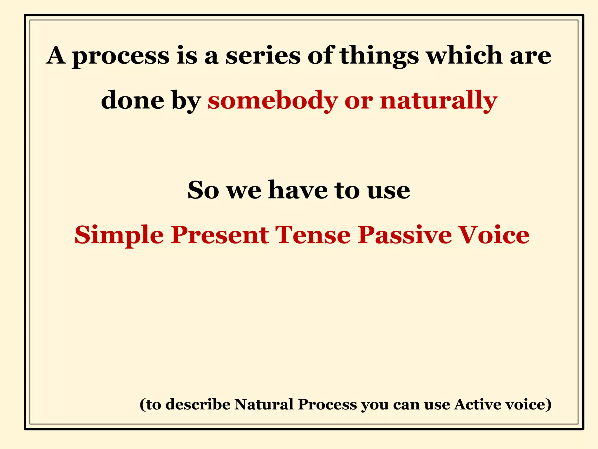 A process is a series of things which are
done by somebody or naturally
So we have to use
Simple Present Tense Passive Voice
(to describe Natural Process you can use Active voice)
 