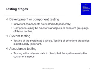 Testing stages
 Development or component testing
 Individual components are tested independently;
 Components may be functions or objects or coherent groupings
of these entities.
 System testing
 Testing of the system as a whole. Testing of emergent properties
is particularly important.
 Acceptance testing
 Testing with customer data to check that the system meets the
customer’s needs.
18
Software Processes
 