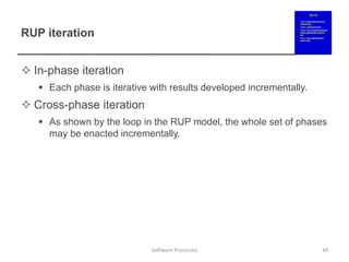 RUP iteration
 In-phase iteration
 Each phase is iterative with results developed incrementally.
 Cross-phase iteration
 As shown by the loop in the RUP model, the whole set of phases
may be enacted incrementally.
Software Processes 44
 