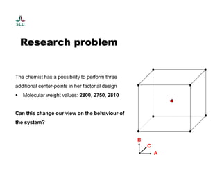 Research problem 
The chemist has a possibility to perform three 
additional center-points in her factorial design 
 Molecular weight values: 2800, 2750, 2810 
Can this change our view on the behaviour of 
the system? 
A 
B 
C 
 