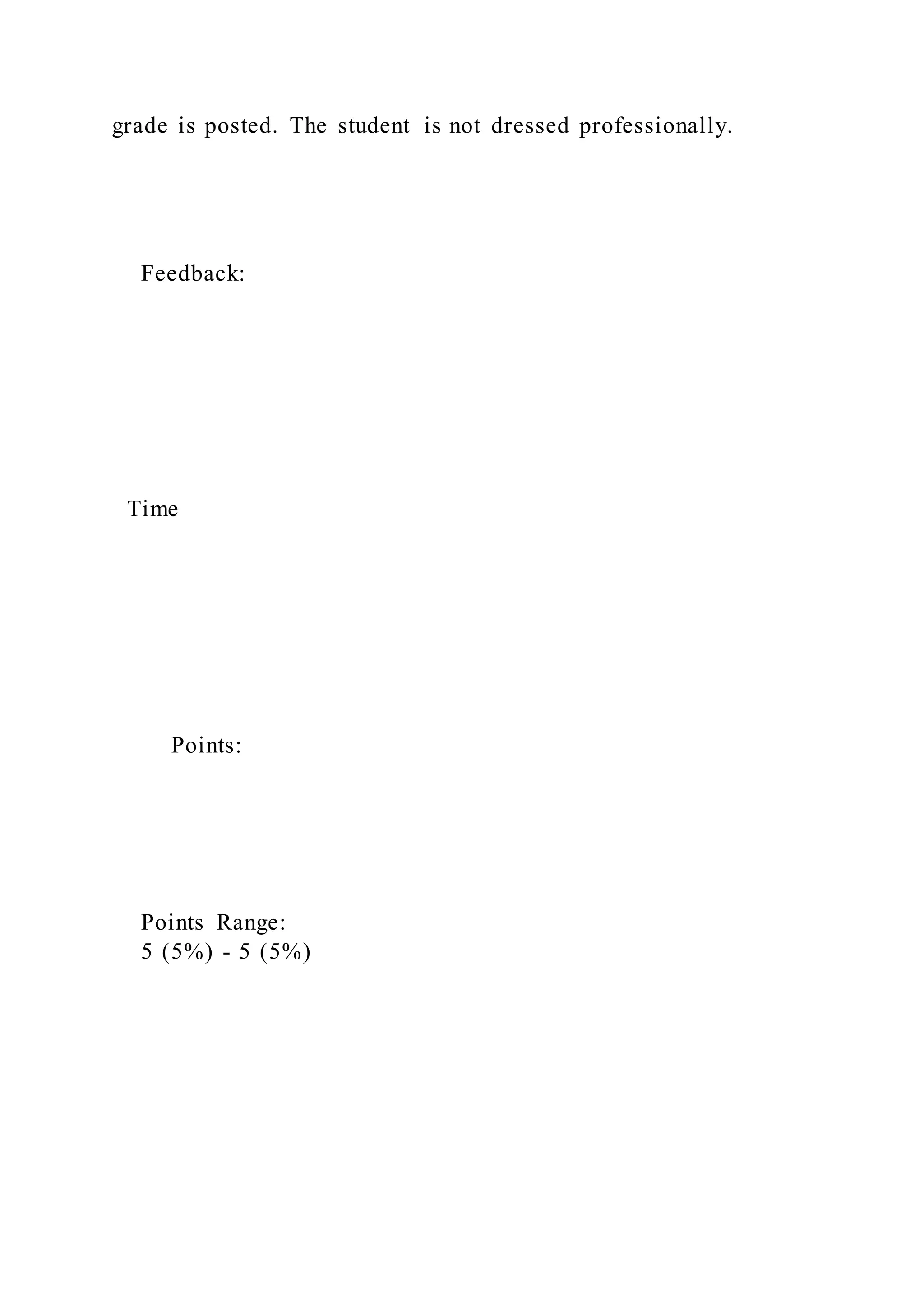 grade is posted. The student is not dressed professionally.
Feedback:
Time
Points:
Points Range:
5 (5%) - 5 (5%)
 