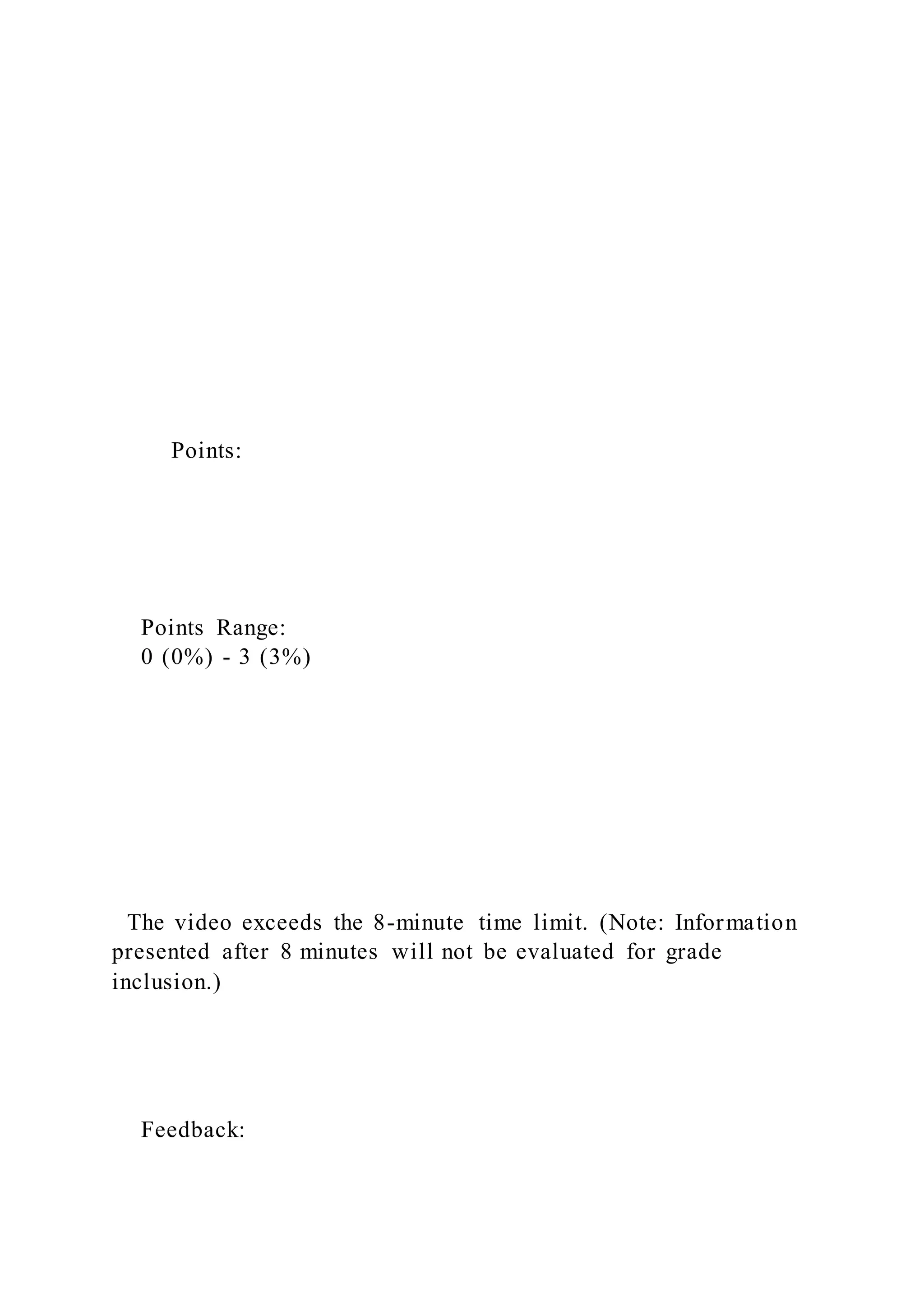 Points:
Points Range:
0 (0%) - 3 (3%)
The video exceeds the 8-minute time limit. (Note: Information
presented after 8 minutes will not be evaluated for grade
inclusion.)
Feedback:
 