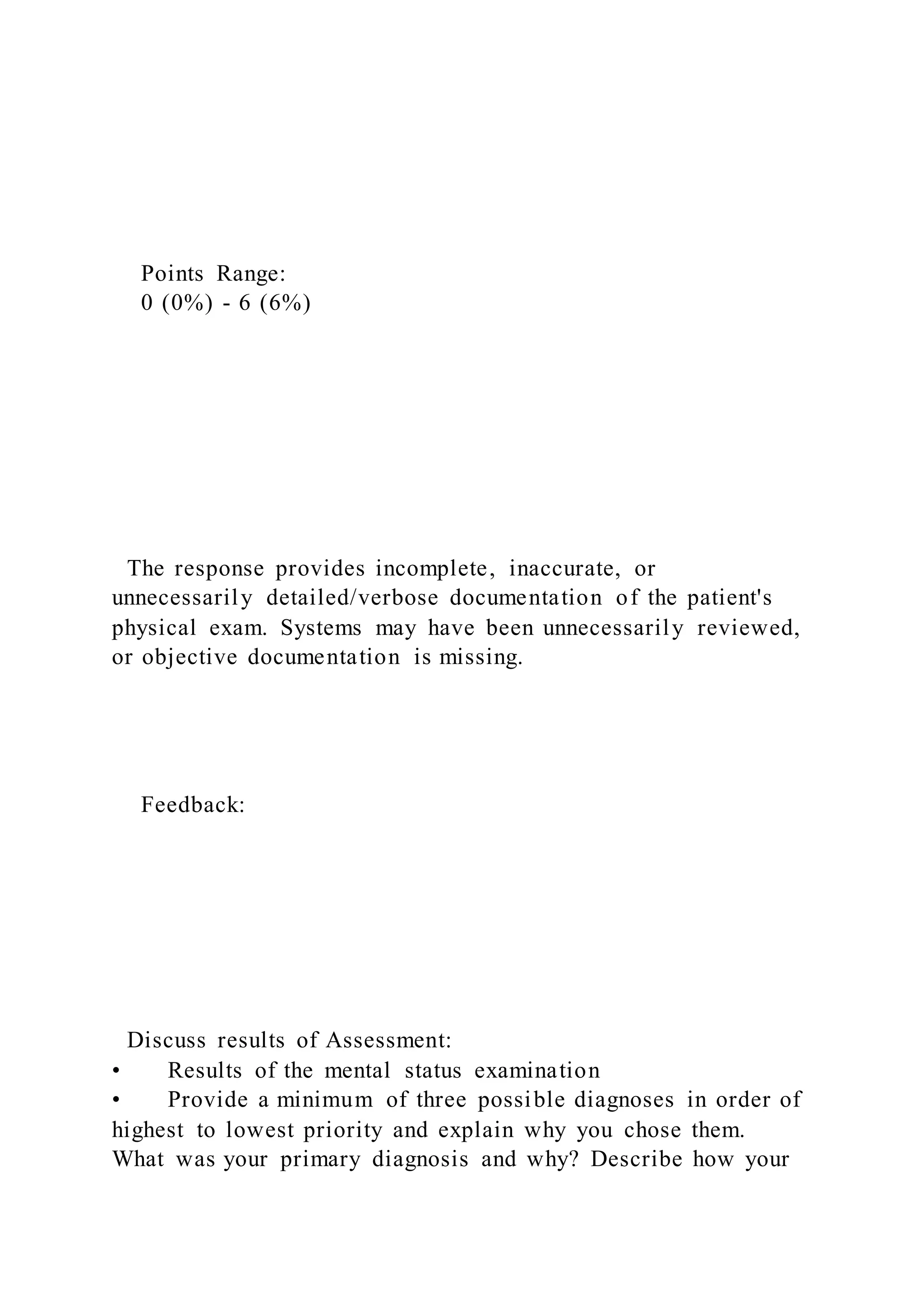 Points Range:
0 (0%) - 6 (6%)
The response provides incomplete, inaccurate, or
unnecessarily detailed/verbose documentation of the patient's
physical exam. Systems may have been unnecessarily reviewed,
or objective documentation is missing.
Feedback:
Discuss results of Assessment:
• Results of the mental status examination
• Provide a minimum of three possible diagnoses in order of
highest to lowest priority and explain why you chose them.
What was your primary diagnosis and why? Describe how your
 