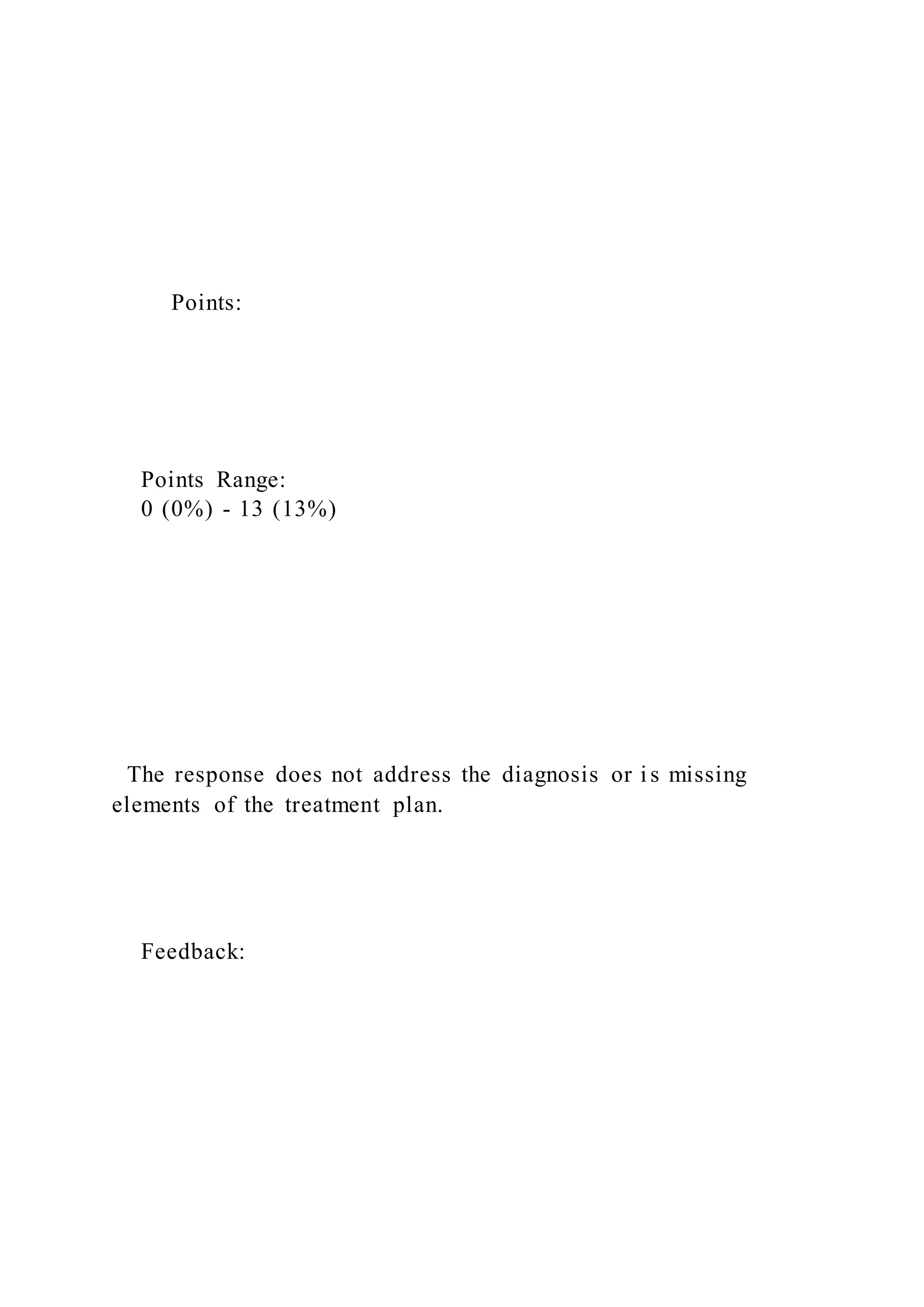 Points:
Points Range:
0 (0%) - 13 (13%)
The response does not address the diagnosis or is missing
elements of the treatment plan.
Feedback:
 