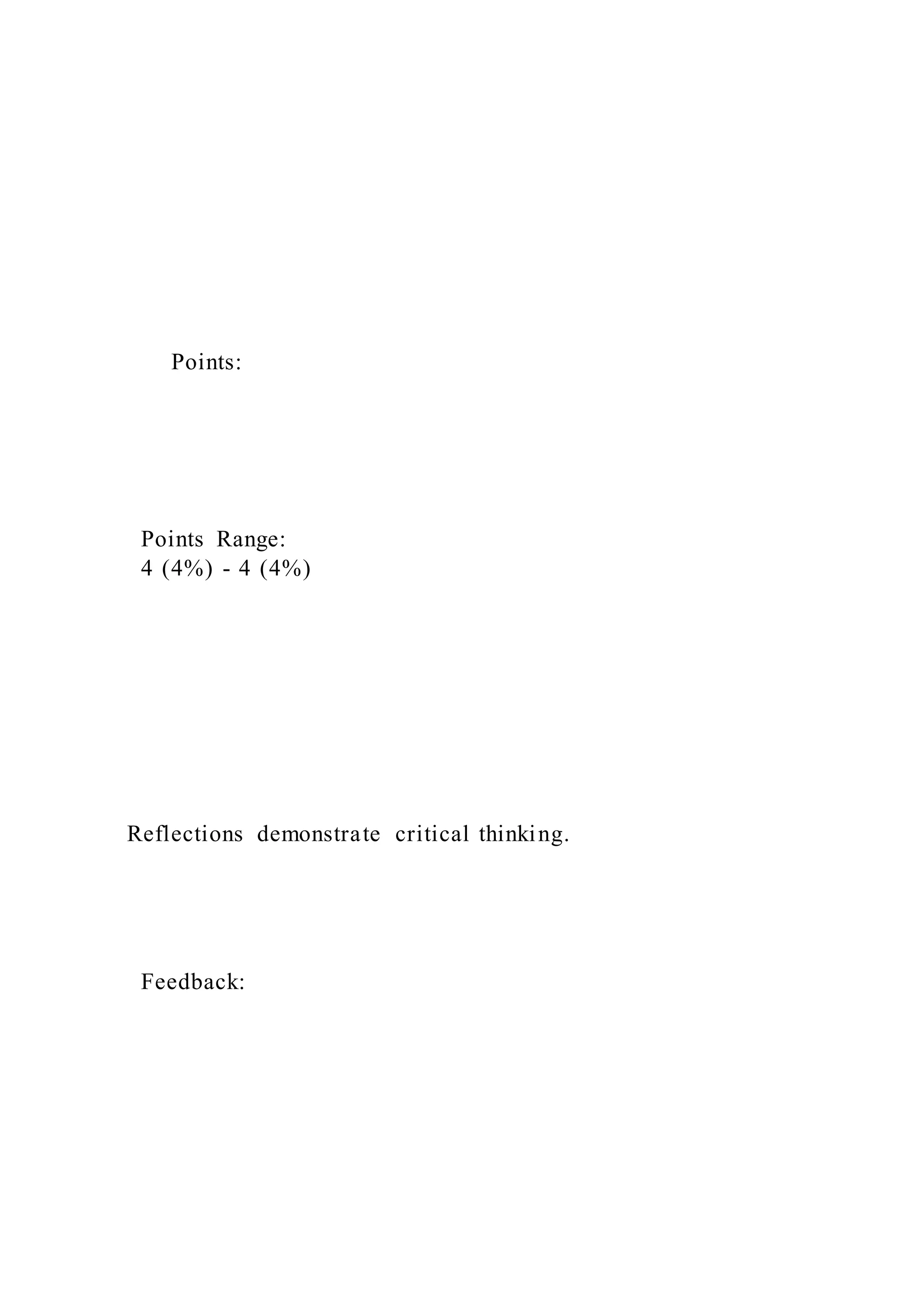 Points:
Points Range:
4 (4%) - 4 (4%)
Reflections demonstrate critical thinking.
Feedback:
 