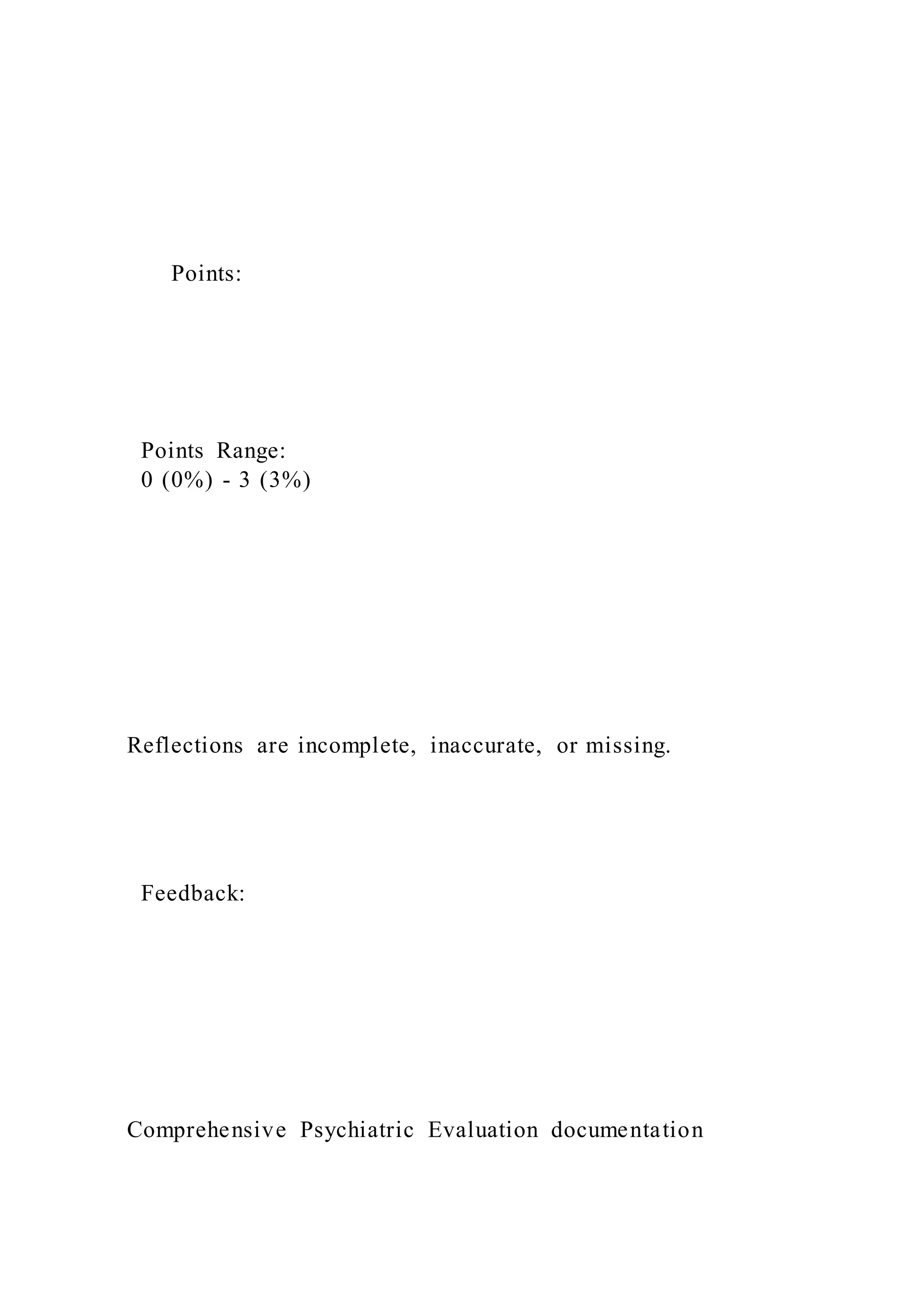 Points:
Points Range:
0 (0%) - 3 (3%)
Reflections are incomplete, inaccurate, or missing.
Feedback:
Comprehensive Psychiatric Evaluation documentation
 