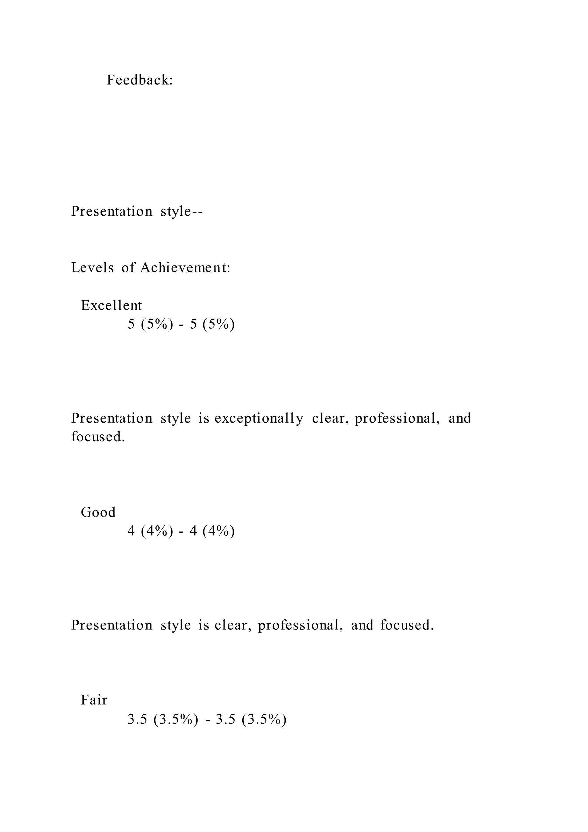 Feedback:
Presentation style--
Levels of Achievement:
Excellent
5 (5%) - 5 (5%)
Presentation style is exceptionally clear, professional, and
focused.
Good
4 (4%) - 4 (4%)
Presentation style is clear, professional, and focused.
Fair
3.5 (3.5%) - 3.5 (3.5%)
 