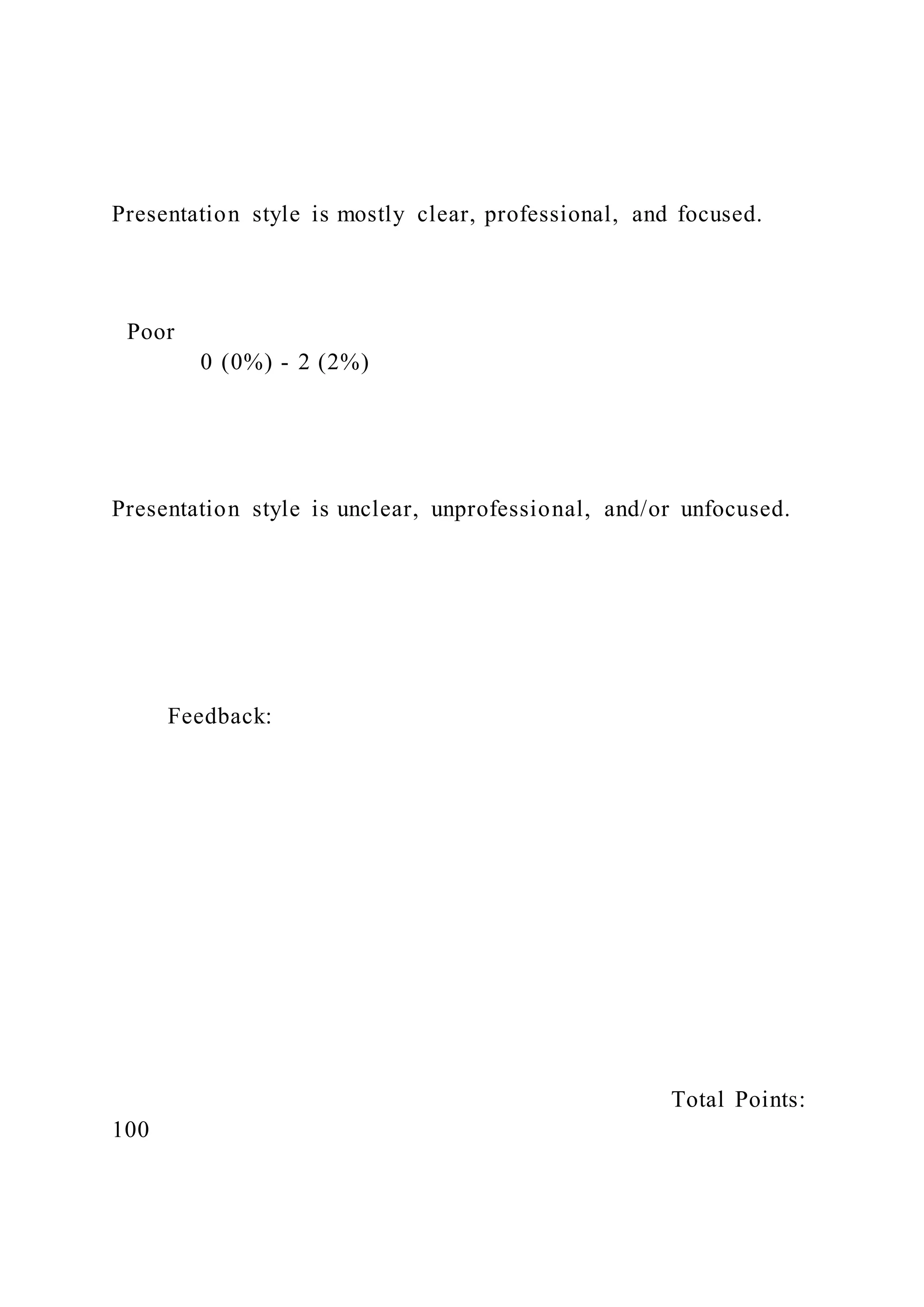 Presentation style is mostly clear, professional, and focused.
Poor
0 (0%) - 2 (2%)
Presentation style is unclear, unprofessional, and/or unfocused.
Feedback:
Total Points:
100
 