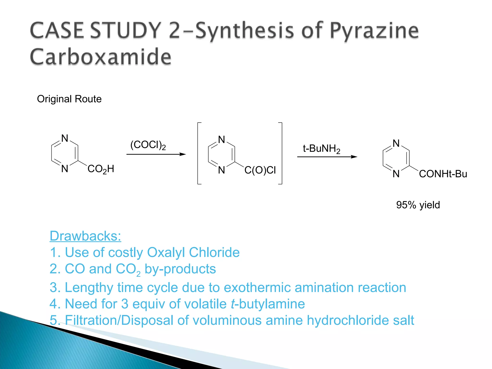 Drawbacks: 1. Use of costly Oxalyl Chloride 2. CO and CO 2  by-products 3. Lengthy time cycle due to exothermic amination reaction 4. Need for 3 equiv of volatile  t -butylamine 5. Filtration/Disposal of voluminous amine hydrochloride salt 