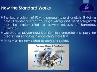 How the Standard Works
 The key provision of PSM is process hazard analysis (PHA)—a
careful review of what could go wrong and what safeguards
must be implemented to prevent releases of hazardous
chemicals.
 Covered employers must identify those processes that pose the
greatest risks and begin evaluating those first.
 PHAs must be completed as soon as possible.
 