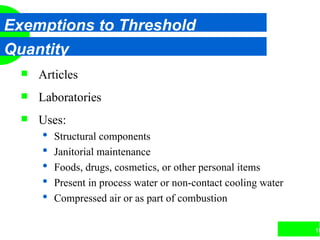 10
Exemptions to Threshold
Quantity
 Articles
 Laboratories
 Uses:
 Structural components
 Janitorial maintenance
 Foods, drugs, cosmetics, or other personal items
 Present in process water or non-contact cooling water
 Compressed air or as part of combustion
 