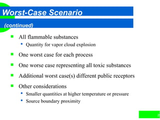 25
Worst-Case Scenario
(continued)
 All flammable substances
 Quantity for vapor cloud explosion
 One worst case for each process
 One worse case representing all toxic substances
 Additional worst case(s) different public receptors
 Other considerations
 Smaller quantities at higher temperature or pressure
 Source boundary proximity
 