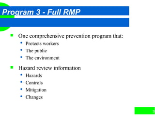 39
Program 3 - Full RMP
 One comprehensive prevention program that:
 Protects workers
 The public
 The environment
 Hazard review information
 Hazards
 Controls
 Mitigation
 Changes
 