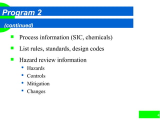 45
Program 2
(continued)
 Process information (SIC, chemicals)
 List rules, standards, design codes
 Hazard review information
 Hazards
 Controls
 Mitigation
 Changes
 