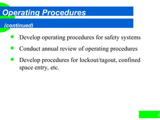 65
Operating Procedures
(continued)
 Develop operating procedures for safety systems
 Conduct annual review of operating procedures
 Develop procedures for lockout/tagout, confined
space entry, etc.
 