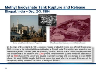 10 |
On the night of December 2-3, 1984, a sudden release of about 30 metric tons of methyl isocyanate
(MIC) occurred at the Union Carbide pesticide plant at Bhopal, India. The accident was a result of poor
safety management practices, poor early warning systems, and the lack of community preparedness.
The accident led to the death of over 2,800 people (other estimates put the immediate death toll as
high as 8000) living in the vicinity and caused respiratory damage and eye damage to over 20,000
others. At least 200,000 people fled Bhopal during the week after the accident. Estimates of the
damage vary widely between $350 million to as high as $3 billion.
Methyl Isocyanate Tank Rupture and Release
Bhopal, India – Dec. 2-3, 1984
Photo Source: Indian state government of Madhya Pradesh
Source: United Nations Environment Programme
 