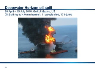 13 |
Deepwater Horizon oil spill
20 April – 15 July 2010, Gulf of Mexico, US
Oil Spill (up to 4.9 mln barrels), 11 people died, 17 injured
 