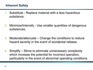 28 |
Inherent Safety
1. Substitute - Replace material with a less hazardous
substance.
2. Minimize/Intensify - Use smaller quantities of dangerous
substances.
3. Moderate/attenuate – Change the conditions to reduce
hazard severity in the event of accidental release.
4. Simplify – Strive to eliminate unnecessary complexity
which increase the potential for incorrect operation,
particularly in the event of abnormal operating conditions.
 