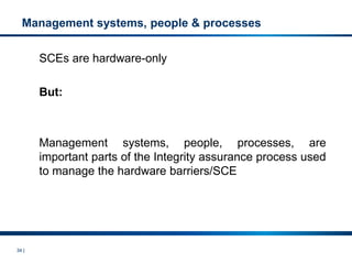34 |
Management systems, people & processes
SCEs are hardware-only
But:
Management systems, people, processes, are
important parts of the Integrity assurance process used
to manage the hardware barriers/SCE
 