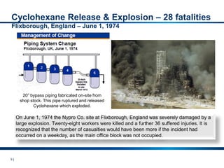 9 |
20” bypass piping fabricated on-site from
shop stock. This pipe ruptured and released
Cyclohexane which exploded.
On June 1, 1974 the Nypro Co. site at Flixborough, England was severely damaged by a
large explosion. Twenty-eight workers were killed and a further 36 suffered injuries. It is
recognized that the number of casualties would have been more if the incident had
occurred on a weekday, as the main office block was not occupied.
Cyclohexane Release & Explosion – 28 fatalities
Flixborough, England – June 1, 1974
 