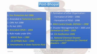 Post-Bhopal
1. Env. Protection Act 1986
2. Amended in Factories Act (1987)
2. CMV Act 1988
3. PLI Act 1991
4. Amended CMVA – 1993
5. Rule made under EPA :
- MSIHC Rule – 1989
- CA (EPP&R) Rule – 1996
6. Amendments in State Factories Rule
7. Formation of other Organization :
- Formation of OISD – 1986
- Formation of PESO - 1998
8. MAH Control Guide, DGFASLI – 1998
9. Disaster Management Act – 2005 and
Formation of DMA – 2005
10. EIA Notification 2006
11. National Chemical Disaster
Management Guidelines for Chemical
disasters – 2007
10/9/2018
PANNALAL SONI (DGM - HSE), RAJASHREE POLYFIL (A DIV OF
CENTURY ENKA LTD., UNIT OF B.K. BIRLA GROUP), e-mail ID :
pannalal.soni@birlacentury.com, Mob. No. 7285092192
12
 