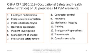 OSHA CFR 1910.119 (Occupational Safety and Health
Administration) of US prescribes 14 PSM elements:
1. Employee Participation
2. Process safety information
3. Process hazard analysis
4. Operating procedures
5. Incident investigation
6. Management of change
7. Pre start up safety review
10/9/2018
PANNALAL SONI (DGM - HSE), RAJASHREE POLYFIL (A DIV OF
CENTURY ENKA LTD., UNIT OF B.K. BIRLA GROUP), e-mail ID :
pannalal.soni@birlacentury.com, Mob. No. 7285092192
26
8. Contractor control
9. Hot work
10. Mechanical integrity
11. Training
12. Emergency Preparedness
13. Trade secrets
14. Compliance audits
 