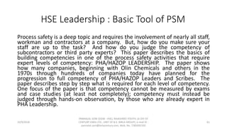 Process safety is a deep topic and requires the involvement of nearly all staff,
workman and contractors at a company. But, how do you make sure your
staff are up to the task? And how do you judge the competency of
subcontractors or third party experts? This paper describes the basics of
building competencies in one of the process safety activities that require
expert levels of competency: PHA/HAZOP LEADERSHIP. The paper shows
how many companies, beginning with Olin Chemicals and others in the
1970s through hundreds of companies today have planned for the
progression to full competency of PHA/HAZOP Leaders and Scribes. The
paper describes step by step what is required for each level of competency.
One focus of the paper is that competency cannot be measured by exams
and case studies (at least not completely); competency must instead be
judged through hands-on observation, by those who are already expert in
PHA Leadership.
10/9/2018
PANNALAL SONI (DGM - HSE), RAJASHREE POLYFIL (A DIV OF
CENTURY ENKA LTD., UNIT OF B.K. BIRLA GROUP), e-mail ID :
pannalal.soni@birlacentury.com, Mob. No. 7285092192
61
HSE Leadership : Basic Tool of PSM
 