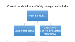 Current trends in Process Safety management in India
PSM Elements
Legal Perspective
Operational
Control (Industrial
Perspective)
10/9/2018
PANNALAL SONI (DGM - HSE), RAJASHREE POLYFIL (A DIV OF
CENTURY ENKA LTD., UNIT OF B.K. BIRLA GROUP), e-mail ID :
pannalal.soni@birlacentury.com, Mob. No. 7285092192
9
 