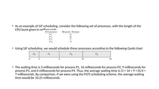 • As an example of SJF scheduling, consider the following set of processes, with the length of the
CPU burst given in milliseconds
• Using SJF scheduling, we would schedule these processes according to the following Gantt chart
• The waiting time is 3 milliseconds for process P1, 16 milliseconds for process P2, 9 milliseconds for
process P3, and 0 milliseconds for process P4. Thus, the average waiting time is (3 + 16 + 9 + 0)/4 =
7 milliseconds. By comparison, if we were using the FCFS scheduling scheme, the average waiting
time would be 10.25 milliseconds.
 