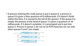 • A process entering the ready queue is put in queue 0, a process in
queue 0 is given a time quantum of 8 milliseconds. If it doesn't finish
within this time, it is moved to the tail of the queue1. If the queue 0 is
empty, the process at the head of queue 1 is given a quantum of 16
milliseconds. If it doesn't complete, it is preempted and is put into
queue 2. Process in queue 2 are run on an FCFS basis but are run only
when queues 0 and 1 are empty.
 
