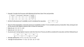 • Example: Consider the Processes with following Arrival time, Burst Time and priorities
• At time 0 only process p1 is available, so p1 is considered for execution.
• Since it is Non-preemptive, it executes process p1 completely. It takes 7 ms to complete process p1 execution. Now, among p2 and
p3 the process with highest response ratio is chosen for execution.
• Ratio for p2 = (5 + 4) / 4 = 2.25
• Ratio for p3 = (4 + 4) / 4 = 2
• As process p2 is having highest response ratio than that of p3. Process p2 will be considered for execution and then followed by p3
• Average waiting time = 0 + (7 - 2) + (11 - 3) / 3 = 4.33
• Average Turnaround time = 7 + (11 - 2) + (15 - 3) / 3 = 9.33
 