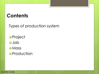 Contents
Types of production system
Project
Job
Mass
Production
Shikha Sota
 