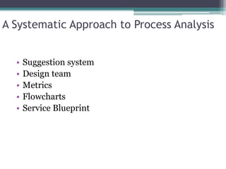 A Systematic Approach to Process Analysis
• Suggestion system
• Design team
• Metrics
• Flowcharts
• Service Blueprint
 